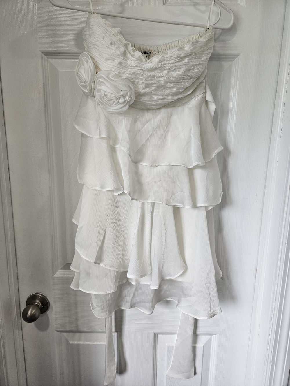 Strapless White Tiered Ruffle Dress with Floral Accent